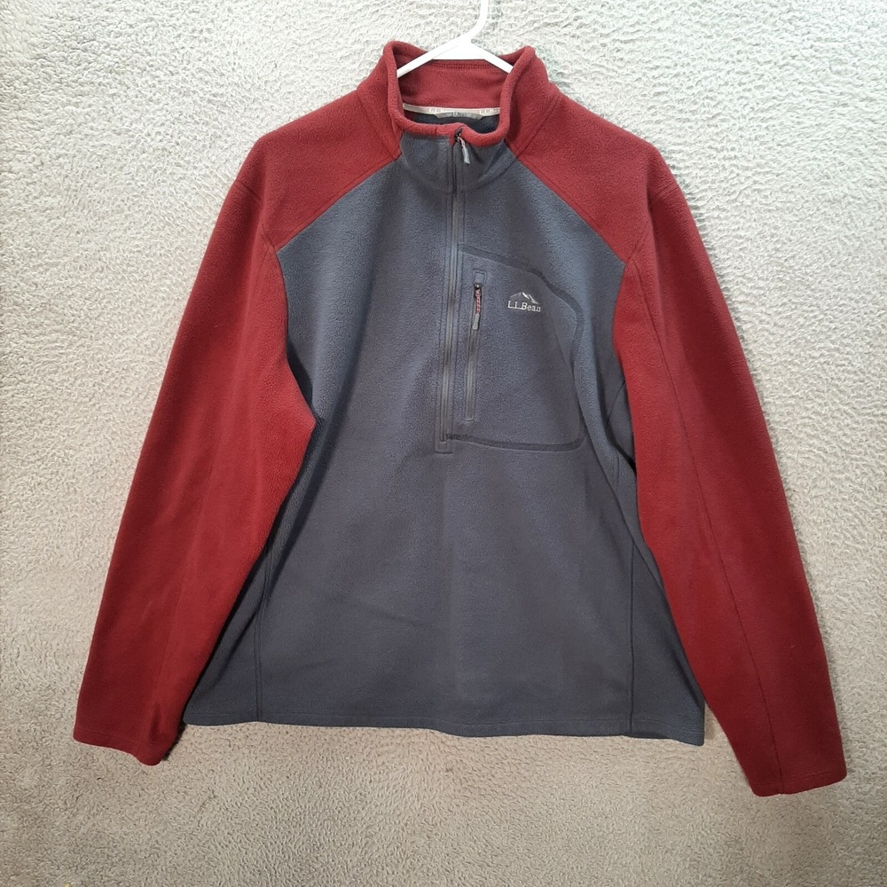 LL Bean Sweater Adult XL Gray Red Fleece Slightly Fitted 1/2 Zip Outdoor Camping